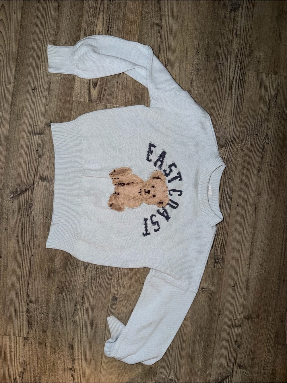abercrombie kids white knit sweater with navy lettering